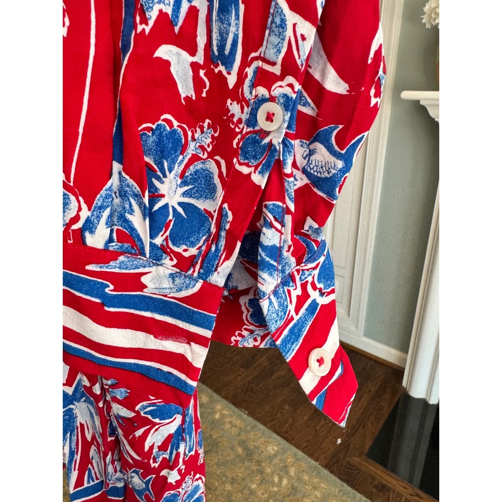 Tommy Hilfiger Womens Red Blue‎ Tropical Floral Fleur Button Up Blouse Large - Picture 5 of 8